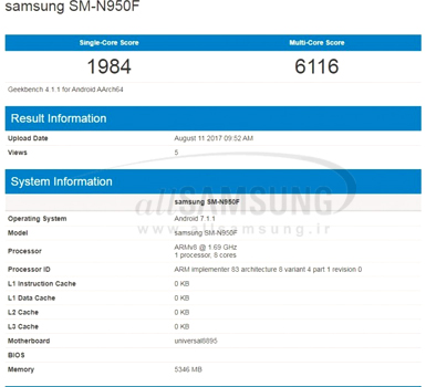 گوشی سامسونگ گلکسی نوت 8 در Geekbench مشاهده شد